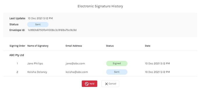 e-signature history dialogue actions
